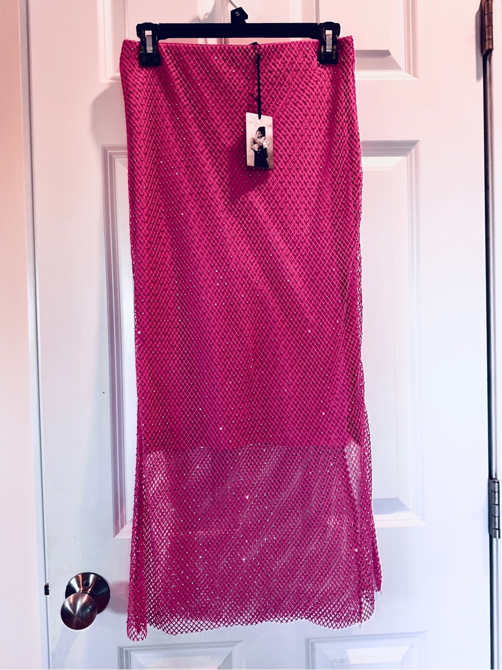 Sincerely Jules Bright Hot Pink Mesh Silver Rhinestone Midi/Maxi Skirt